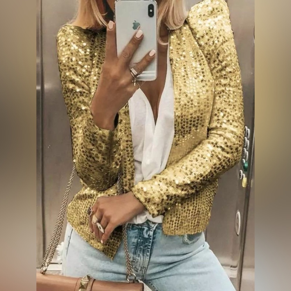 Full Size Sequin Long Sleeve Jacket Plus Size